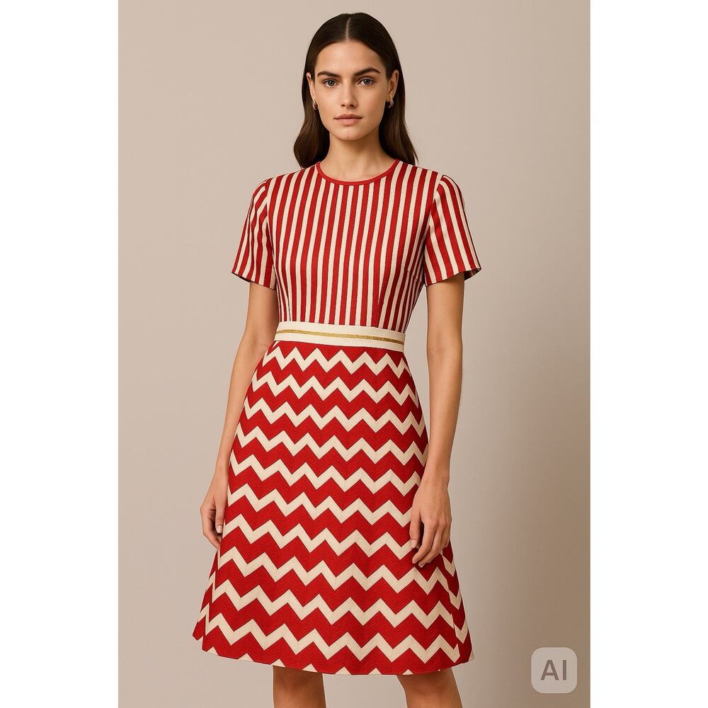 Stella McCartney Resort 2014 Red Stripe Chevron Moire Jacquard Dress Rare US 10